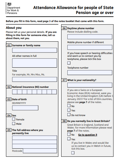 Attendance Allowance Claim Form