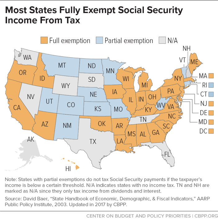 Retirees in These 9 States Could Lose Part of Their Social Security—Here’s Why 4 CBPP map on exemptions
