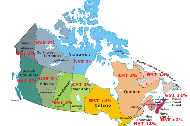 Map of Canada showing provinces with GST vs HST
